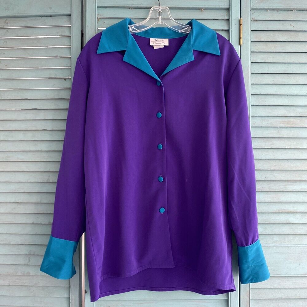 Westside Clothing Co Button Up Shirt Blouse ~Sz LP ~ Purple & Blue ~ Long Sleeve